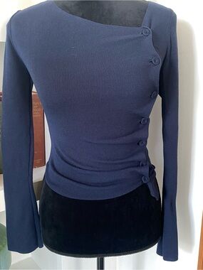 Zara Navy Asymmetrical Side-Button Long Sleeve Top